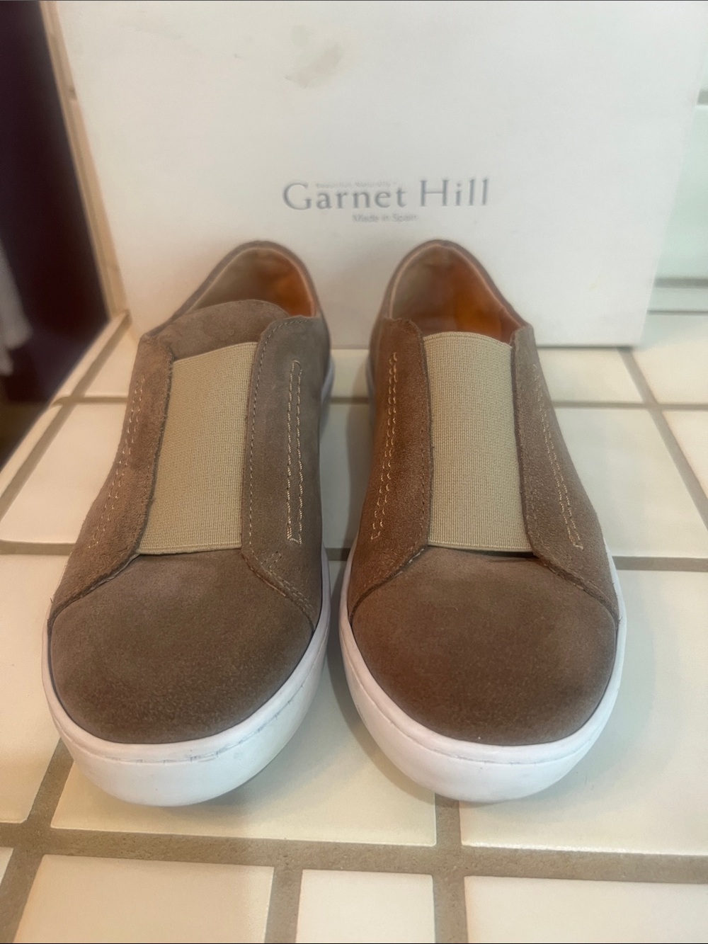 Garnet Hill Women’s  Sand colored Suede Slip-On Loafers with White Sole